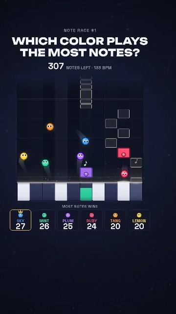 Watch Note Race episode 1: Which color plays the most notes? Balls bouncing over a piano roll.