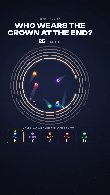 Watch Ring Race episode 7: Who wears the crown at the end? A crowned blue ball leads as the balls race out through rotating rings.